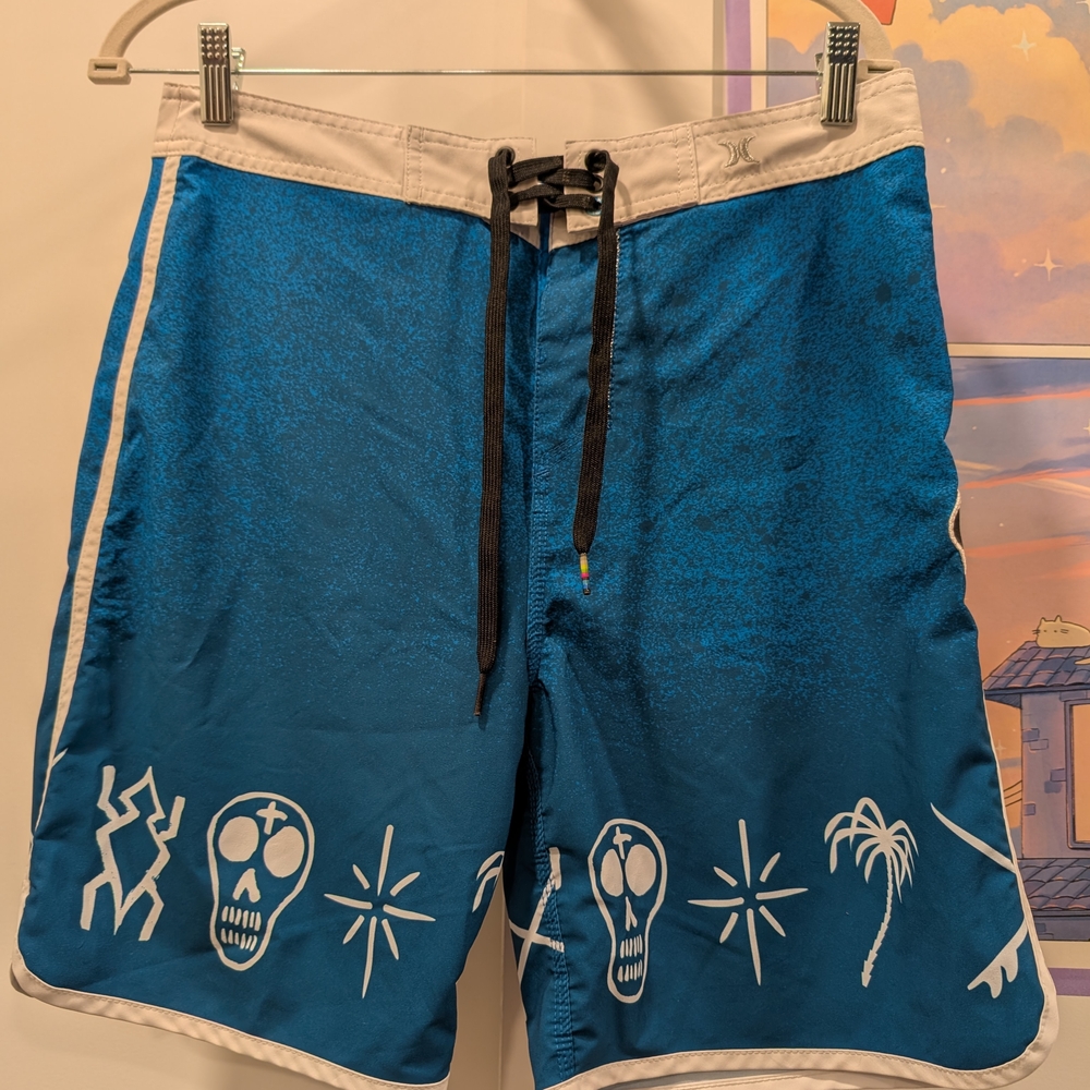 Blue Skull Print Men's Swim Shorts